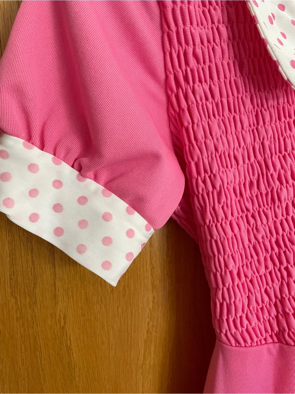 jcpenney Pink Smocked Dress with Polka Dot Peter Pan Collar 1970s Mae in USA